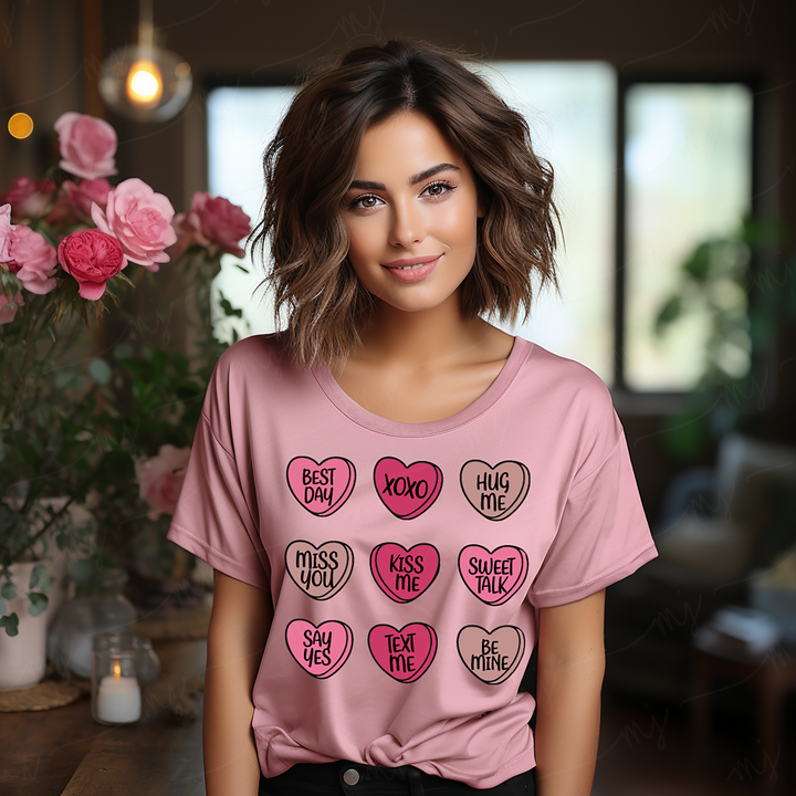 a woman wearing a pink shirt with hearts on it