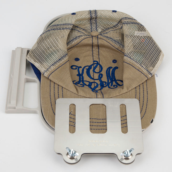 Hooped cap in a Durkee Hat hoop for single needle Brother and Babylock sewing/embroidery machines.