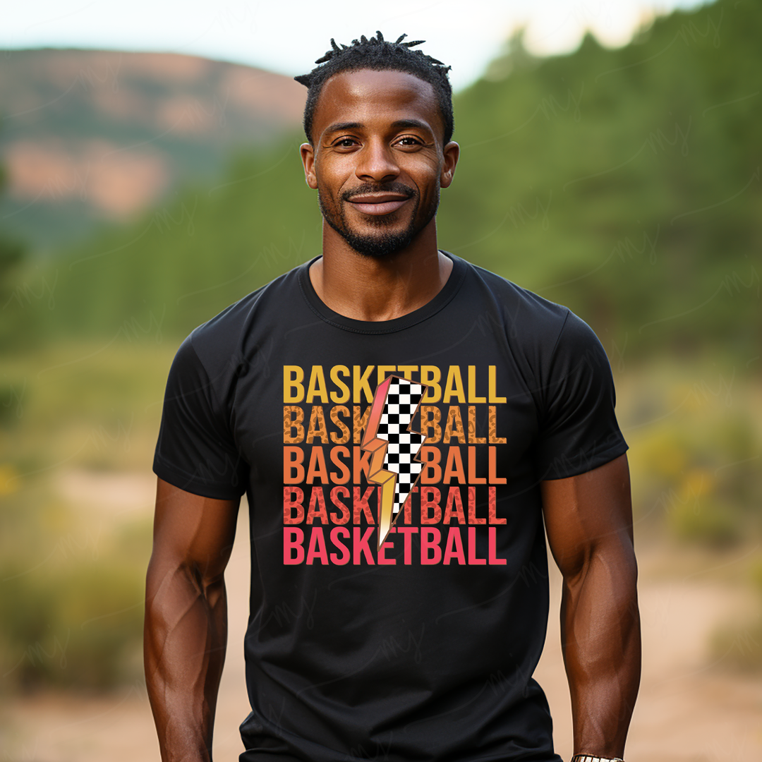 a man in a black shirt is holding a basketball