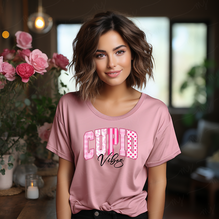 a woman standing in front of a vase of flowers
