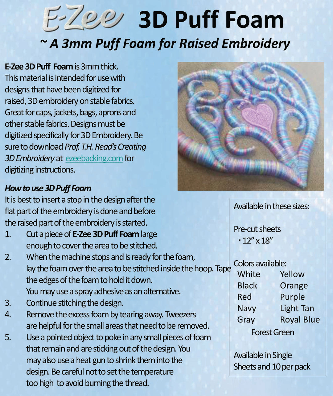 E-Zee 3D 3mil Embroidery Foam :: 12" x 18"