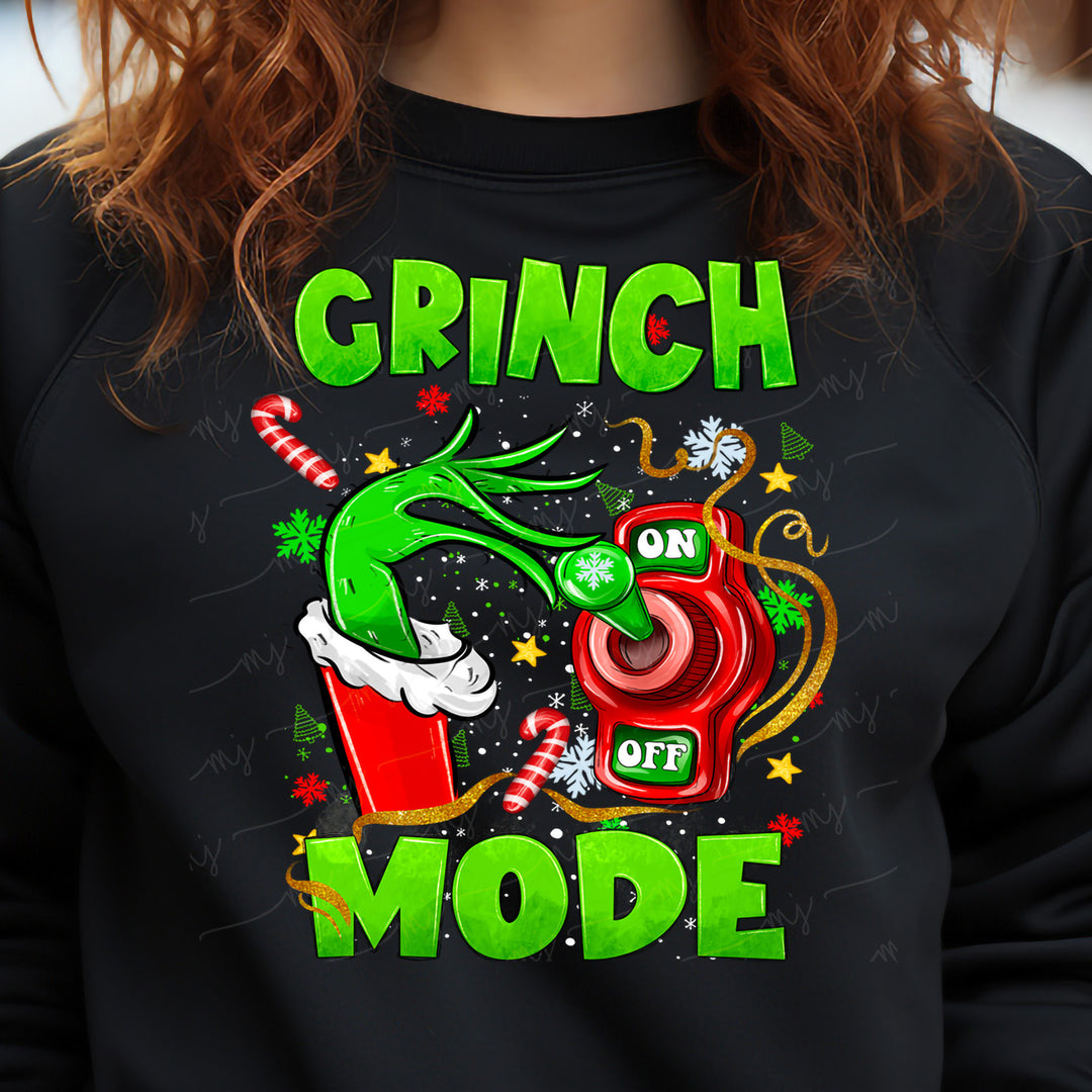 a woman wearing a grin mode christmas sweatshirt