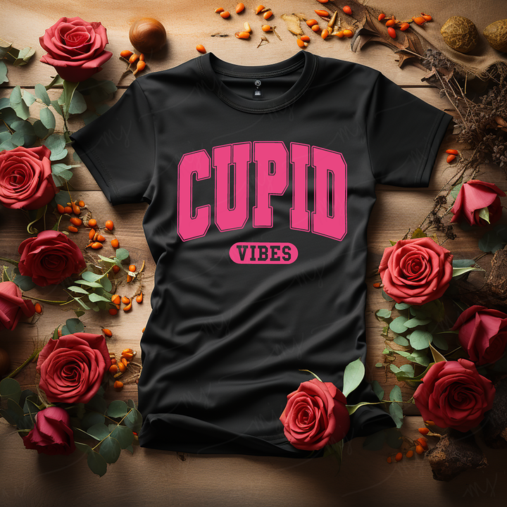 a t - shirt that reads cupid vibes surrounded by roses