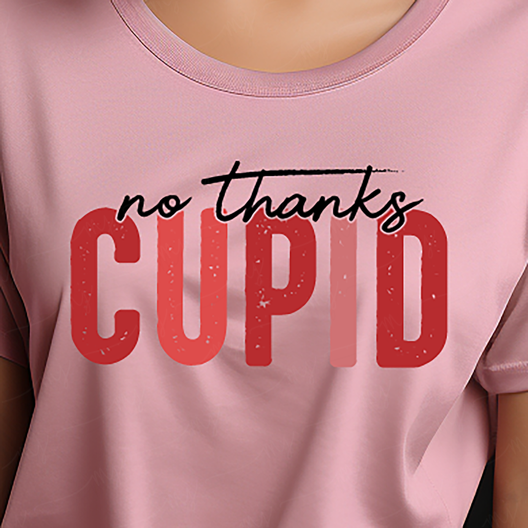 a woman wearing a pink shirt that says no thanks cupid