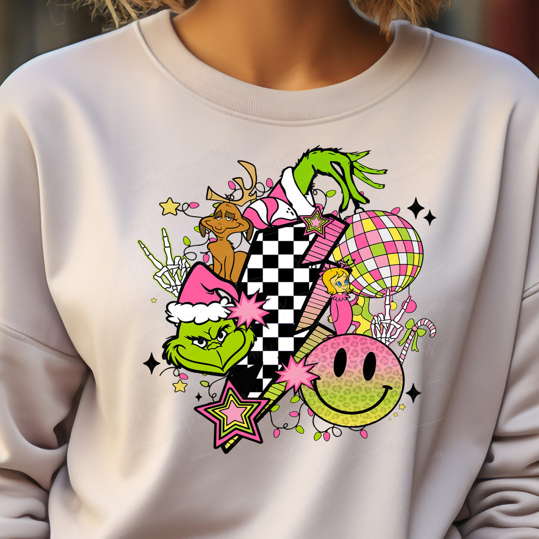 a woman wearing a white sweatshirt with cartoon characters on it