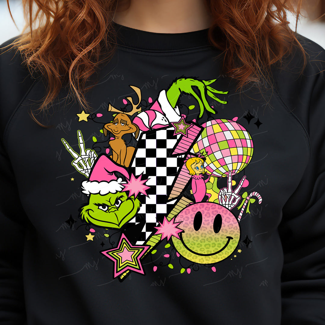 a woman wearing a black sweatshirt with cartoon characters on it