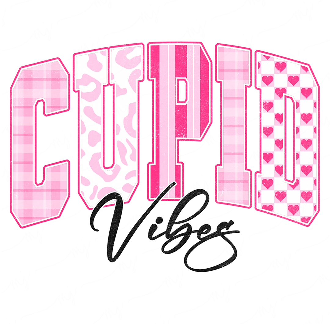 the word cupid vibes written in pink and white
