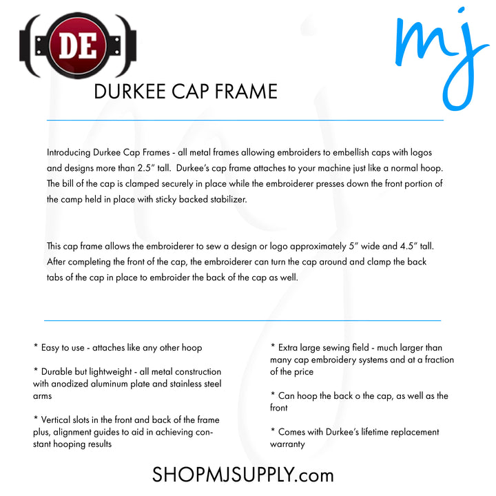 Durkee Cap Frame for Brother & Babylock Single Needle Machines