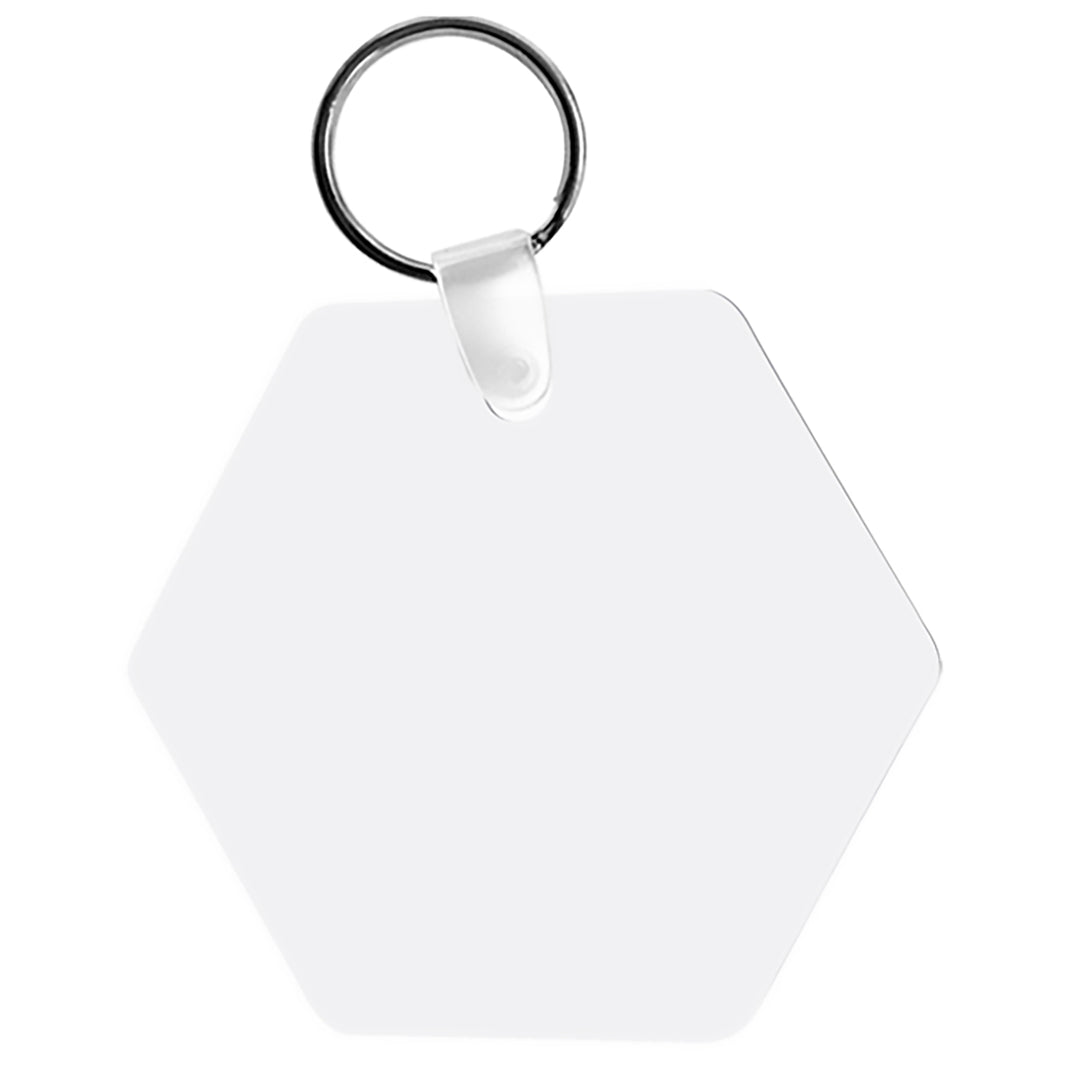 White Semi-Gloss Sublimation Aluminum Hexagon Keychain :: 2.56" x 2.25"