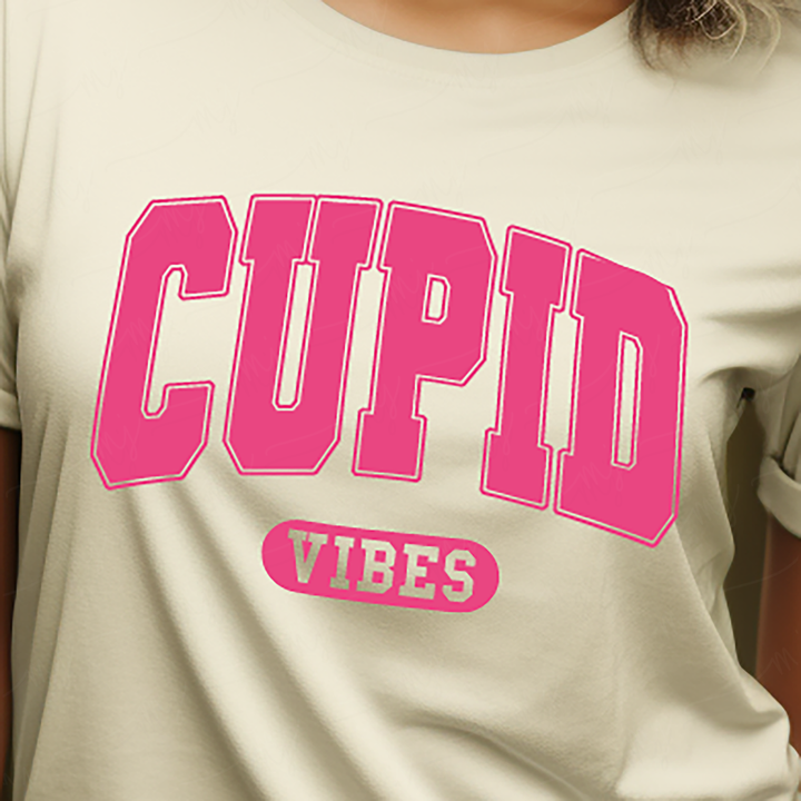 a woman wearing a cupid vibes t - shirt