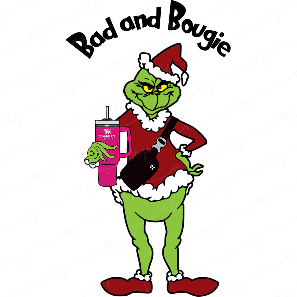 the grinch is holding a drink and wearing a santa hat