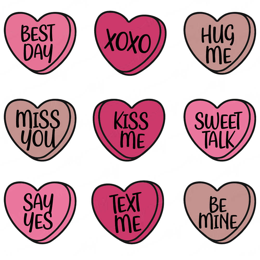 six heart shaped stickers that say kiss me, kiss me, be mine,