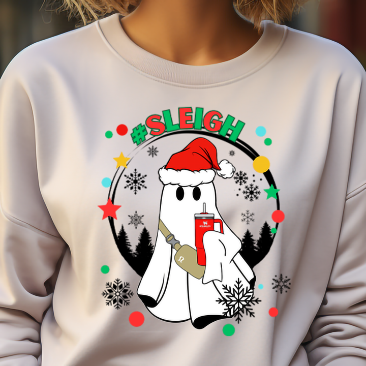 a woman wearing a sweatshirt with a polar bear wearing a santa hat