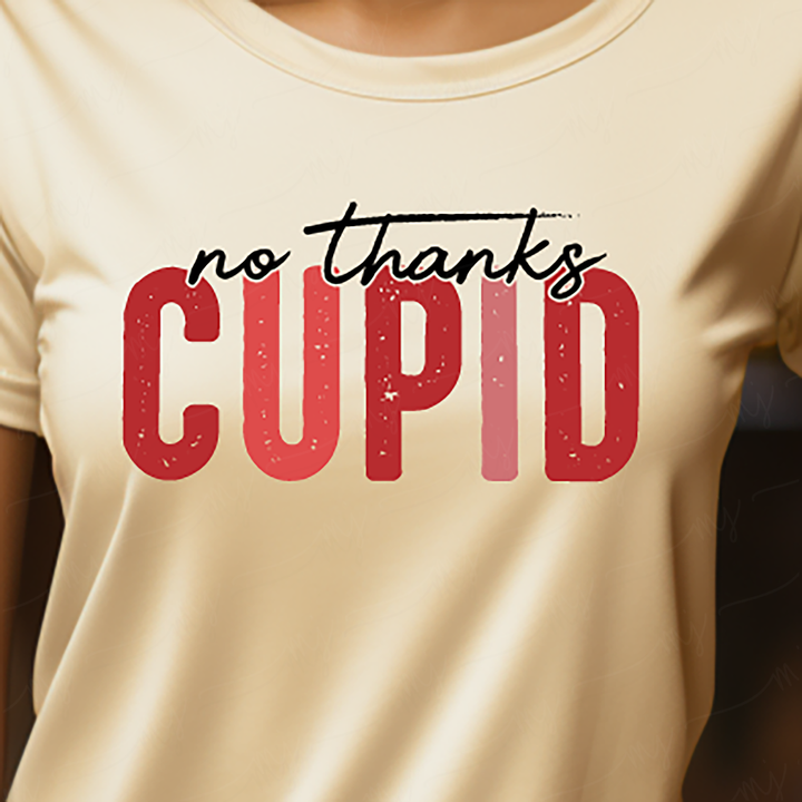 a woman wearing a t - shirt that says no thanks cupid