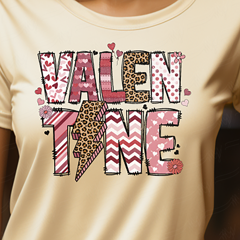 a woman wearing a t - shirt with the word valentine on it