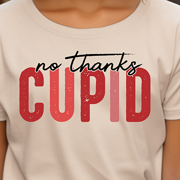 a little girl wearing a t - shirt that says no thanks cupid